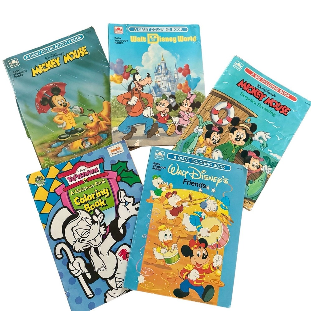 Vintage‎ Walt Disney Mickey Coloring Book Lot of 5 Giant Books Golden Merrigold